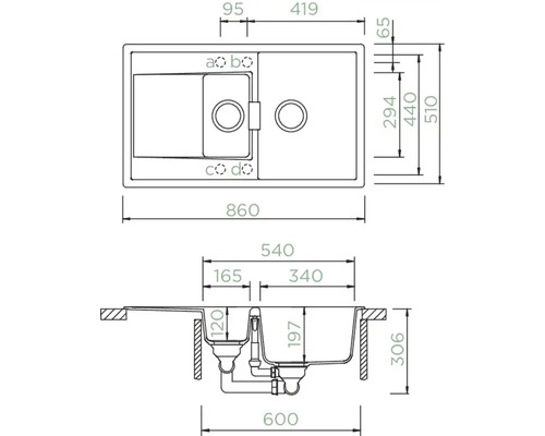 Technische Zeichnung einer Spüle mit Abmessungen