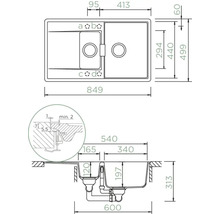 Technische Zeichnung einer Spüle mit Becken und Abtropffläche inklusive Maßangaben