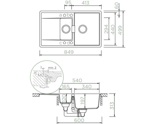 Technische Zeichnung einer Spüle mit Maßen.