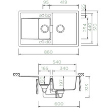 Technische Zeichnung einer Küchenspüle mit Abmessungen.
