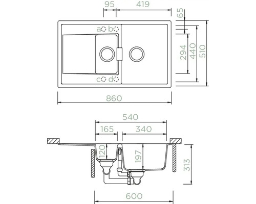 Technische Zeichnung einer Küchenspüle mit Becken und Abtropffläche mit Maßangaben.