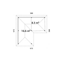 Grundrisszeichnung mit den Maßen 672 x 672 x 588 x 588 cm und einer Fläche von 16,6 m² und 8,3 m²