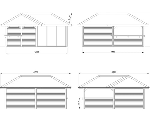 Dessin d''un pavillon de jardin avec des dimensions et différentes vues