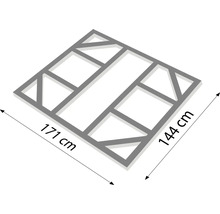 Abbildung einer Raumteiler-Holzkonstruktion mit den Maßen 171 cm mal 144 cm.