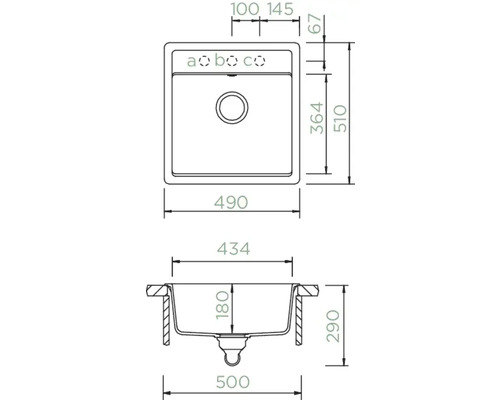 Zeichnung einer Küchenspüle mit Maßangaben