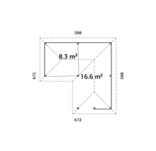 Grundriss eines Gartenhauses mit den Maßen 672 x 588 cm und Flächenangaben von 8,3 und 16,6 Quadratmetern.