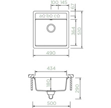 Zeichnung einer Küchenspüle mit Maßangaben
