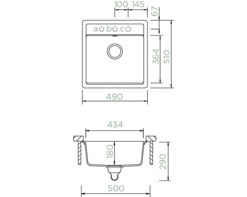 Zeichnung einer Küchenspüle mit Maßangaben
