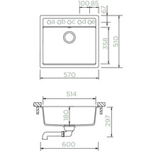 Zeichnung einer Spüle mit Maßangaben