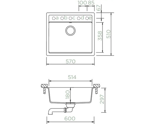 Zeichnung einer Spüle mit Maßangaben