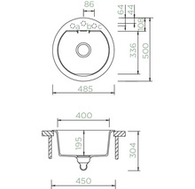 Technische Zeichnung eines runden Spülbeckens mit Maßangaben