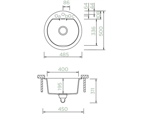Technische Zeichnung eines runden Spülbeckens mit Maßangaben.