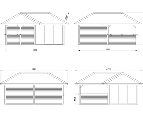 Dessin technique d''un pavillon de jardin avec dimensions