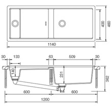 Technische Zeichnung einer Spüle mit Maßangaben
