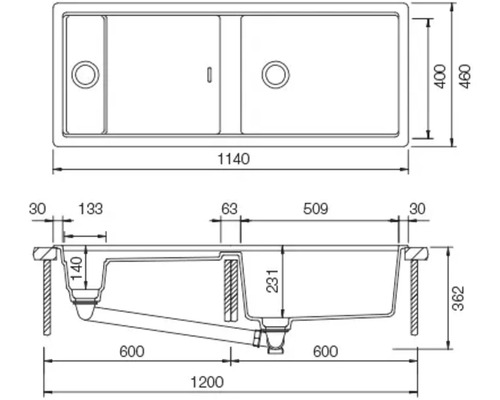 Technische Zeichnung einer Spüle mit Maßangaben
