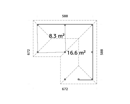 Grundriss eines Gartenhauses mit den Maßen 588 x 672 Zentimeter und einer Fläche von 16,6 Quadratmetern sowie 8,3 Quadratmetern