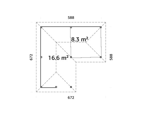 Plan d''un abri de jardin avec des dimensions de 672 x 672 et 588 x 588 centimètres ainsi que des surfaces de 16,6 et 8,3 mètres carrés