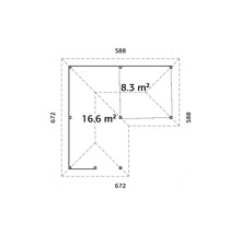 Grundriss eines Gartenhauses mit den Maßen 672 x 672 und 588 x 588 Zentimeter und den Flächen 16,6 und 8,3 Quadratmeter.