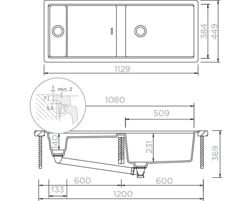 Technische Zeichnung einer Spüle mit Maßen