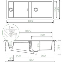 Technische Zeichnung einer Spüle mit Doppelbecken und Maßangaben.