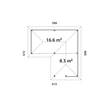 Plan avec les dimensions 588, 588, 672, 672, et l''indication 16,6 mètres carrés et 8,3 mètres carrés.