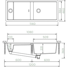 Technische Zeichnung einer Spüle mit Maßangaben