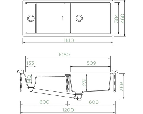 Technische Zeichnung einer Spüle mit Maßangaben