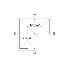 Grundriss eines Gartenhauses mit den Massen 672 mal 588 Zentimeter und einer Fläche von 16,6 Quadratmetern und 8,3 Quadratmetern
