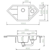 Technische Zeichnung einer Eckspüle mit Maßangaben