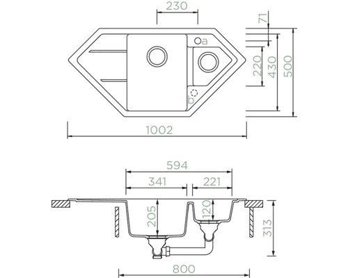 Technische Zeichnung einer Eckspüle mit Maßangaben