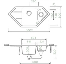 Technische Zeichnung einer Eckspüle mit Maßangaben