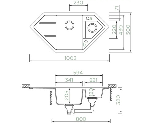 Technische Zeichnung einer Eckspüle mit Maßangaben