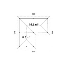 Plan d''un abri de jardin mesurant 672 x 672 et 588 x 588 centimètres, avec des superficies de 16,6 et 8,3 mètres carrés