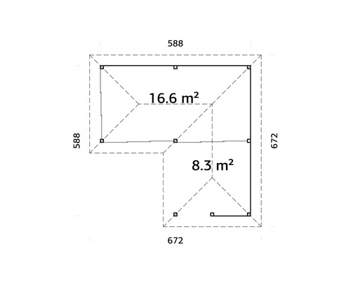 Plan d''un abri de jardin avec indication de surface de 16,6 mètres carrés et 8,3 mètres carrés