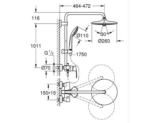 Dessin technique d''un système de douche avec dimensions.