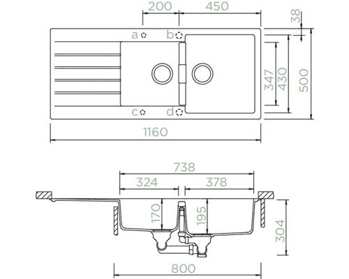 Schéma technique d''un évier avec dimensions