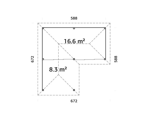 Plan d''un abri de jardin mesurant 672 sur 672 et 588 sur 588 avec une surface de 8,3 mètres carrés et 16,6 mètres carrés