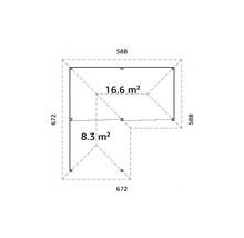 Grundriss eines Gartenhauses mit den Maßen 672 x 672 cm und 588 x 588 cm sowie den Flächenangaben 16,6 m² und 8,3 m²