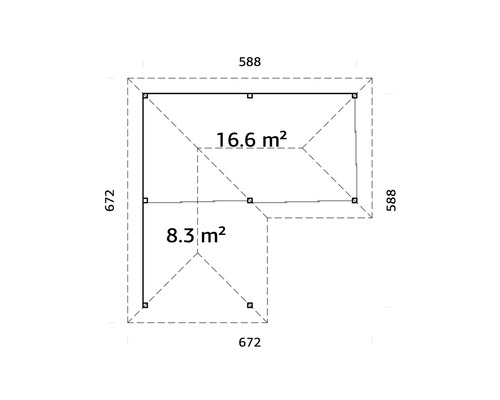 Grundriss eines Gartenhauses mit den Maßen 672 x 672 und 588 x 588 Zentimetern