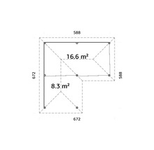 Grundriss eines Gartenhauses mit den Massen 672 mal 672 und 588 mal 588 Zentimeter und einer Fläche von 8,3 und 16,6 Quadratmetern