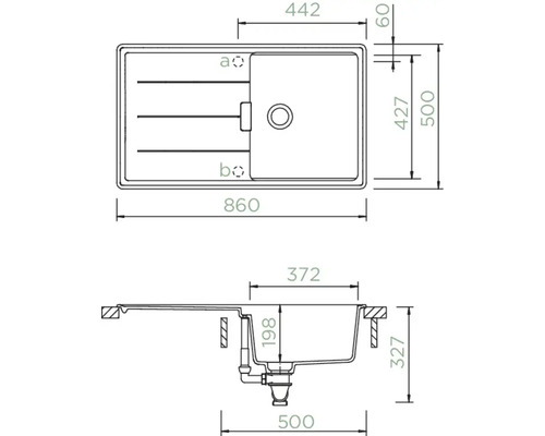 Zeichnung einer Spüle mit Maßangaben