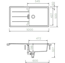 Technische Zeichnung einer Spüle mit Maßangaben