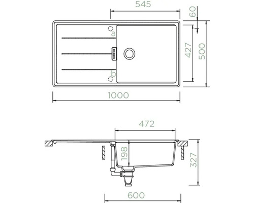 Technische Zeichnung einer Spüle mit Maßangaben