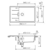 Technische Zeichnung einer Spüle mit Maßangaben.