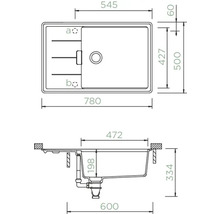 Technische Zeichnung einer Küchenspüle mit Maßangaben.