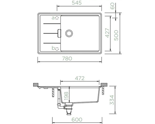 Technische Zeichnung einer Küchenspüle mit Maßangaben.