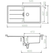 Technische Zeichnung einer Spüle mit Maßangaben