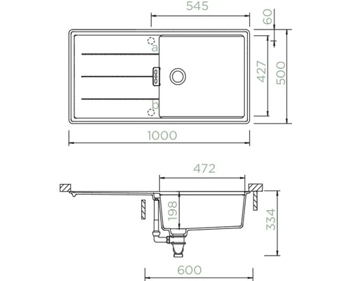 Technische Zeichnung einer Spüle mit Maßangaben