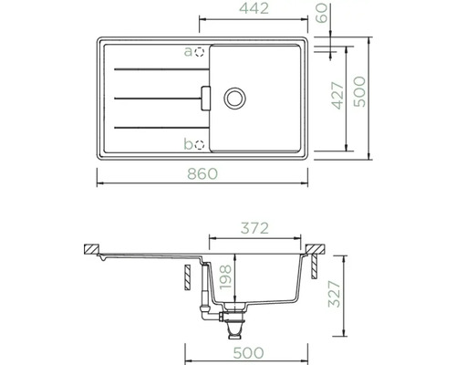 Technische Zeichnung einer Küchenspüle mit Maßangaben