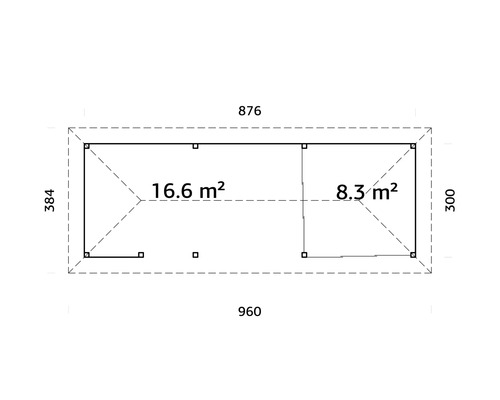 Grundriss eines Gartenhauses mit den Massen 960 mal 384 und 876 mal 300 Zentimeter sowie Flächenangaben